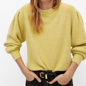 Mango Knit Sequins , Puff Shoulder Yellow Sweater size S